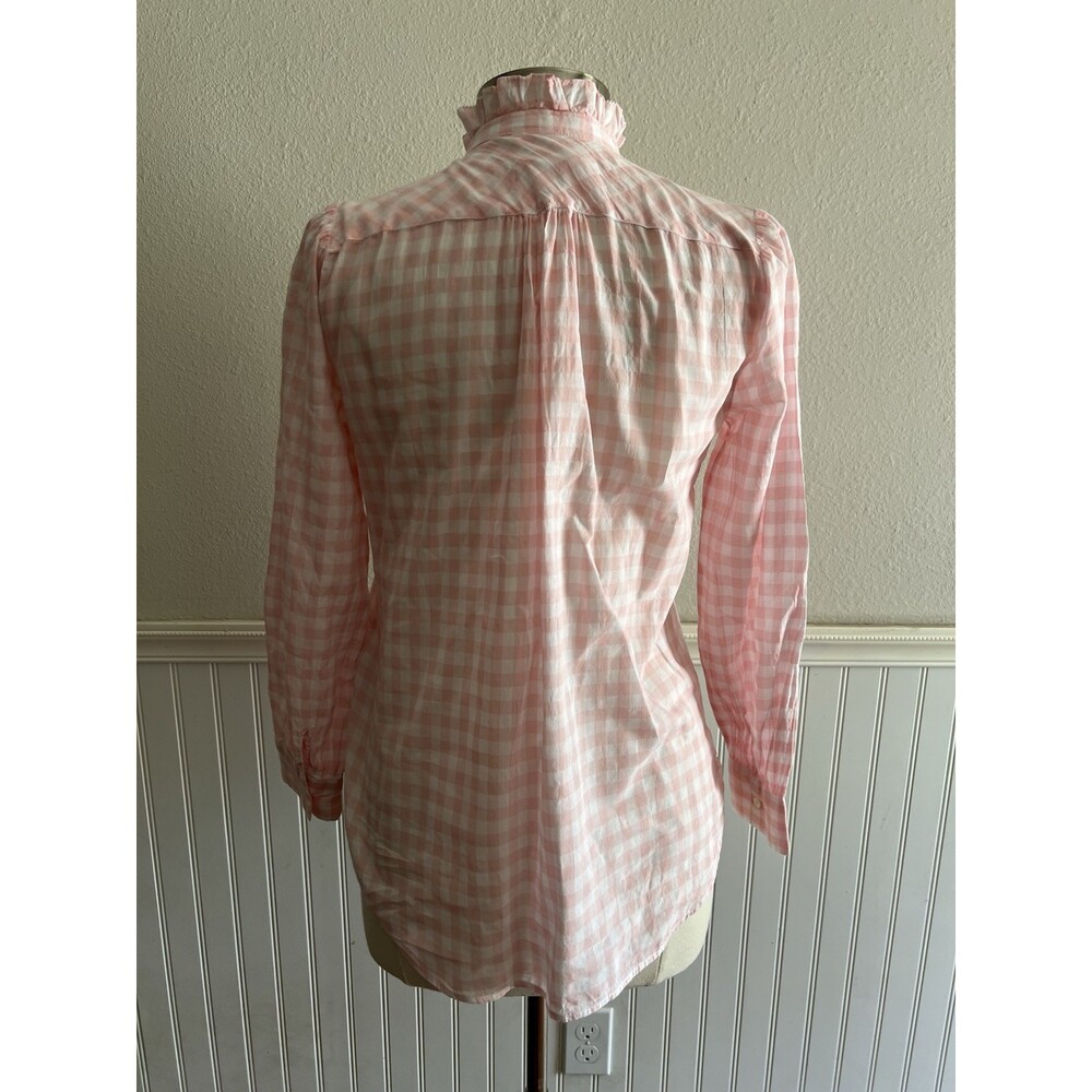 J Crew Pink Long Sleeve Ruffle Neck Blouse Cotton Stretch Gingham Pink White 6 - Picture 3 of 9